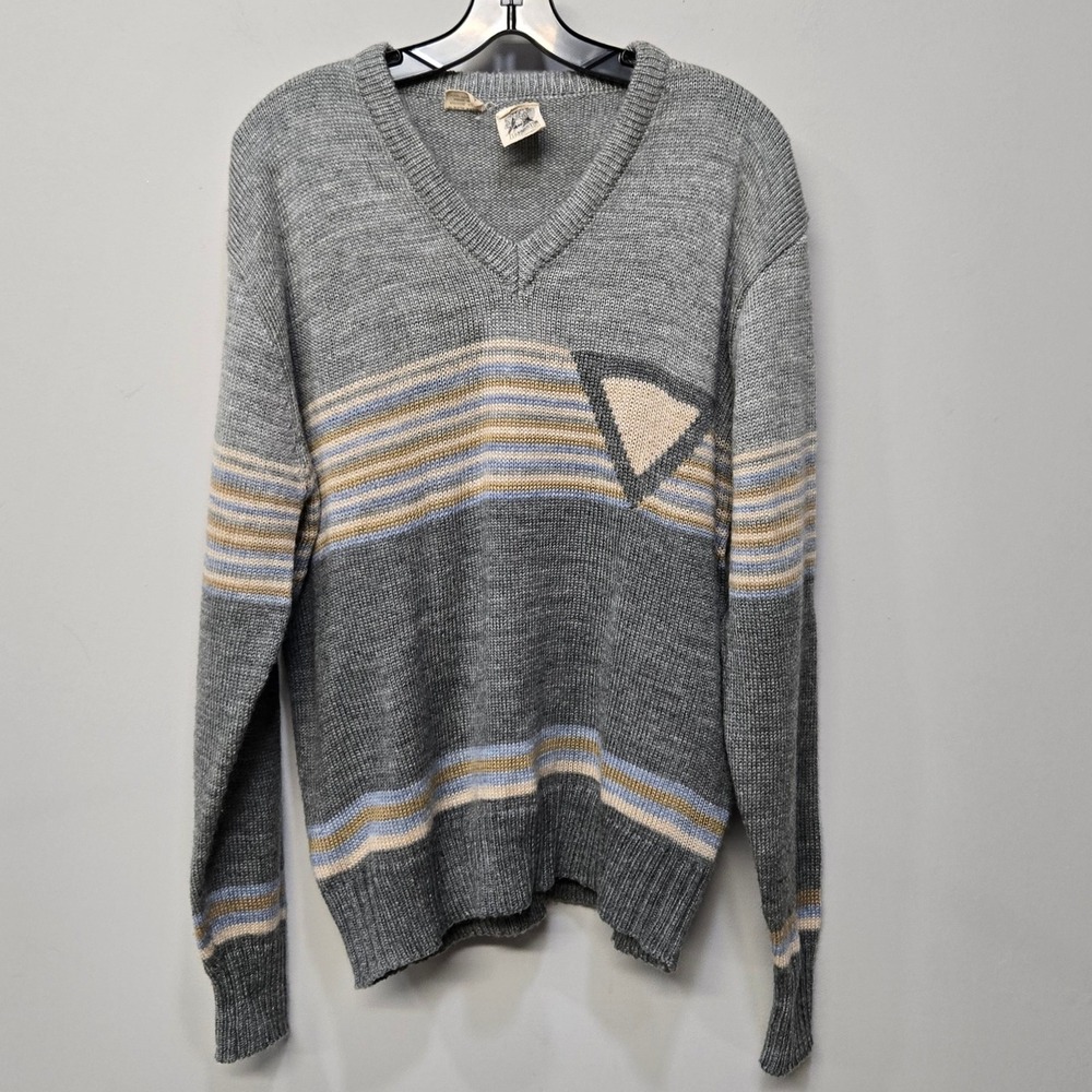 VTG 80s Kennington Sweater‎ Men XL Gray Striped Geometric V Neck Grunge Grandpa